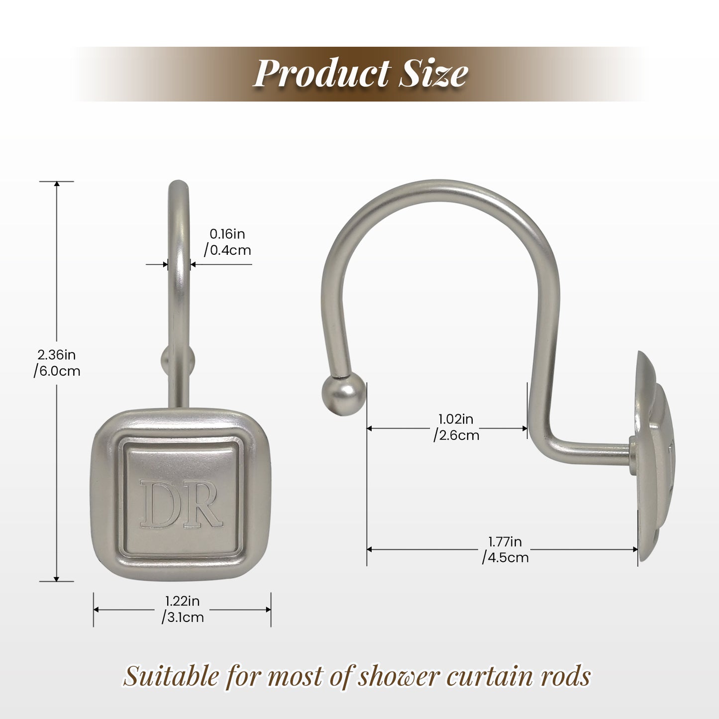 DR Monogram Shower Curtain Hooks, Set of 12, Smooth-Glide Curved Metal Hooks, Heavy-Duty Stainless Steel & Zinc Alloy, Electroplated Finish, Fits Most Standard Shower Rods