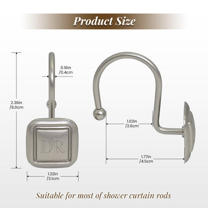 DR Monogram Shower Curtain Hooks, Set of 12, Smooth-Glide Curved Metal Hooks, Heavy-Duty Stainless Steel & Zinc Alloy, Electroplated Finish, Fits Most Standard Shower Rods
