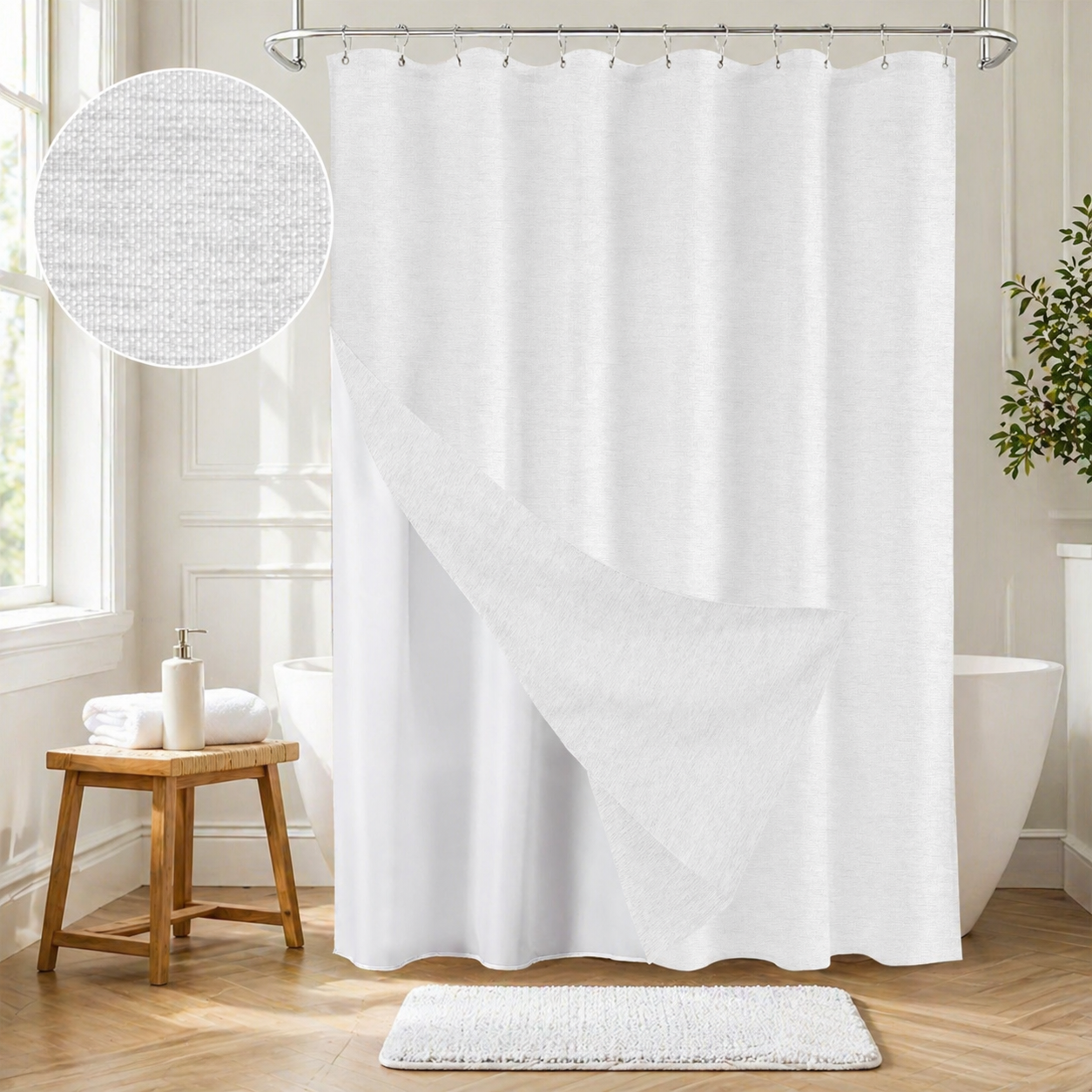 Faux Linen Wrinkleless Shower Curtain Set with Liner (White)