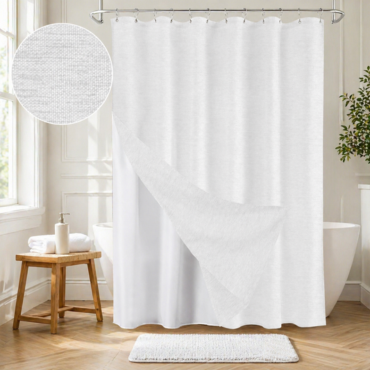 Faux Linen Wrinkleless Shower Curtain Set with Liner (White)