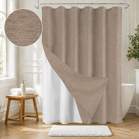 Faux Linen Wrinkleless Shower Curtain Set with Liner (Beige)