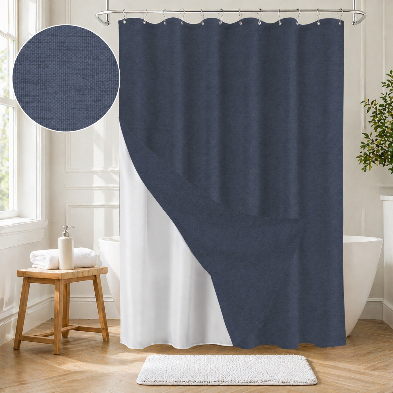 Faux Linen Wrinkleless Shower Curtain Set with Liner (Navy Blue)