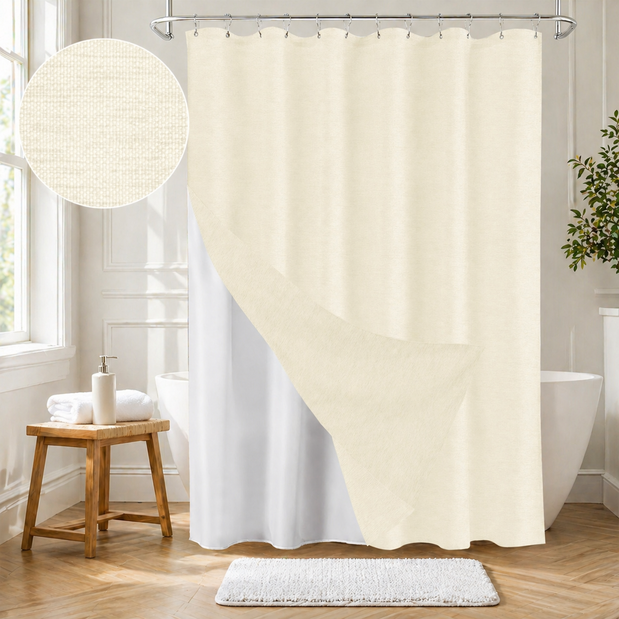 Faux Linen Wrinkleless Shower Curtain Set with Liner (Ivory)