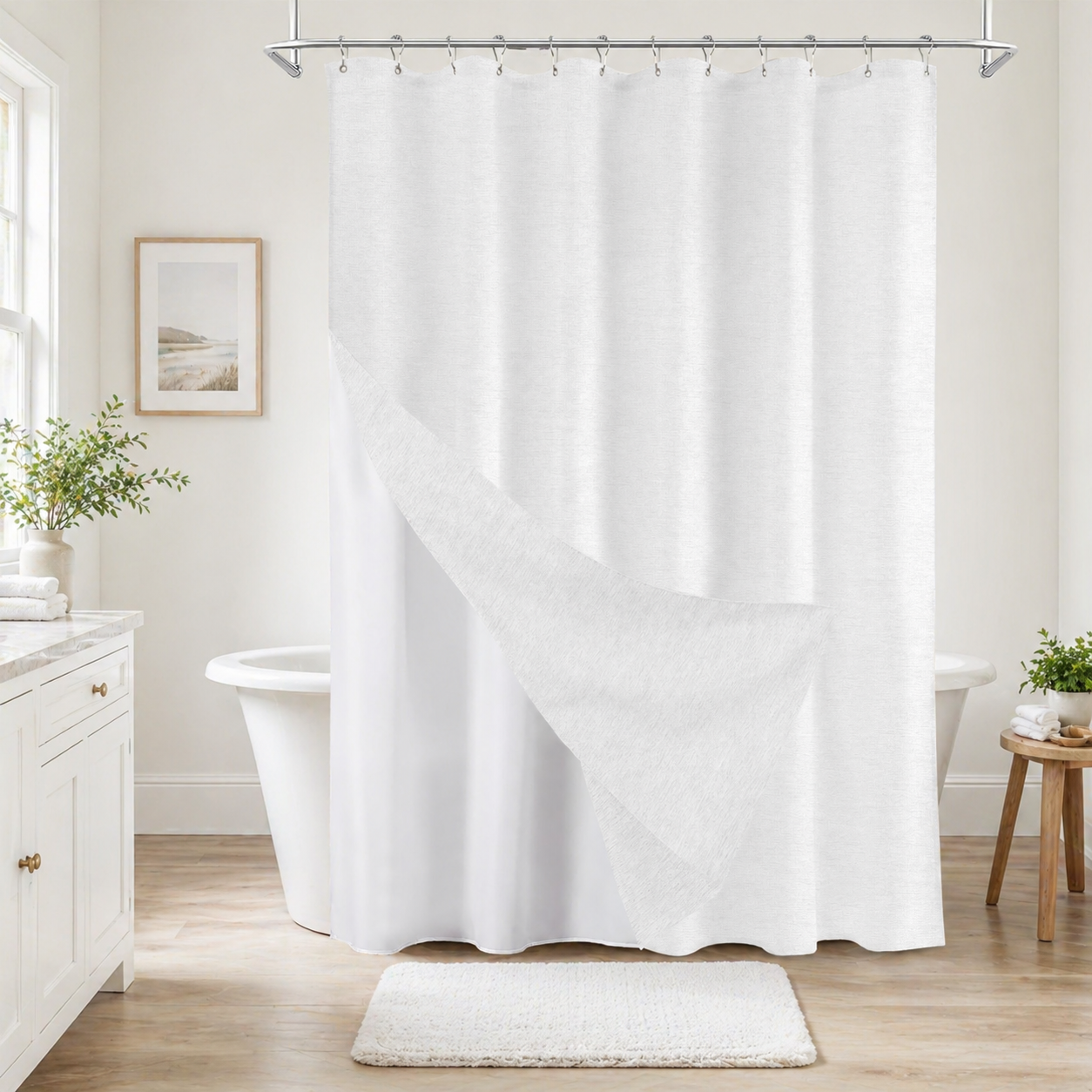 Faux Linen Wrinkleless Shower Curtain Set with Liner (White)