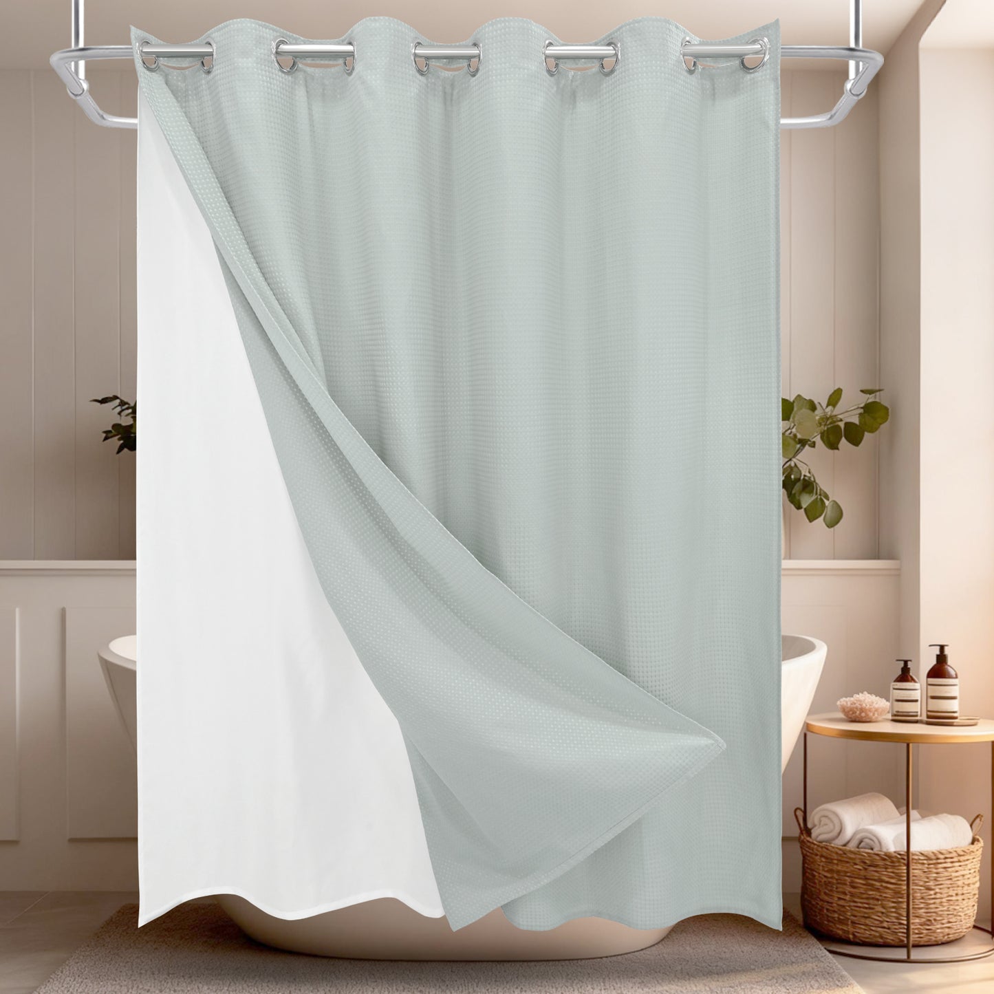 Clean Slate Series No Hook Shower Curtain (Gray-Green)