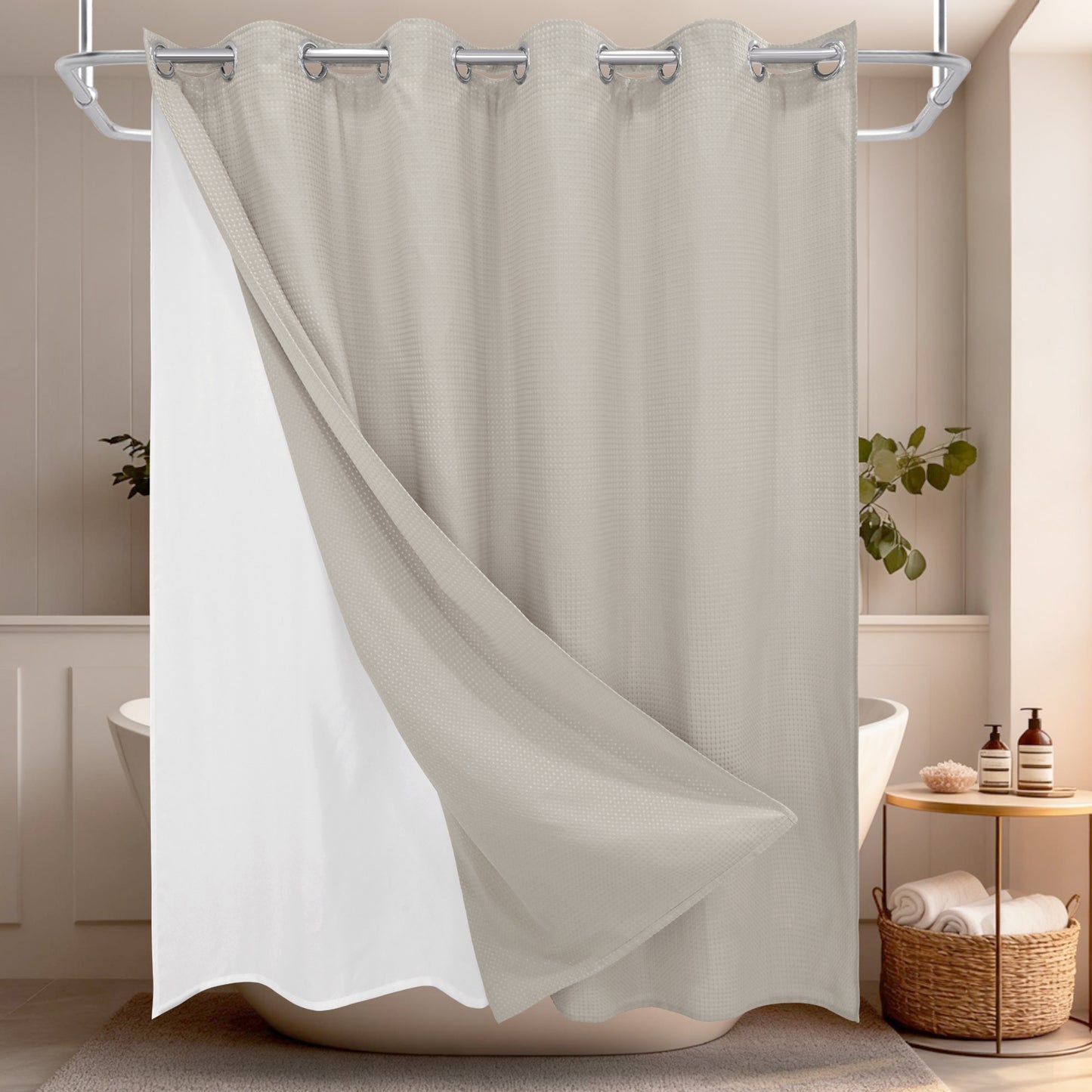 Clean Slate Series No Hook Shower Curtain (Khaki)