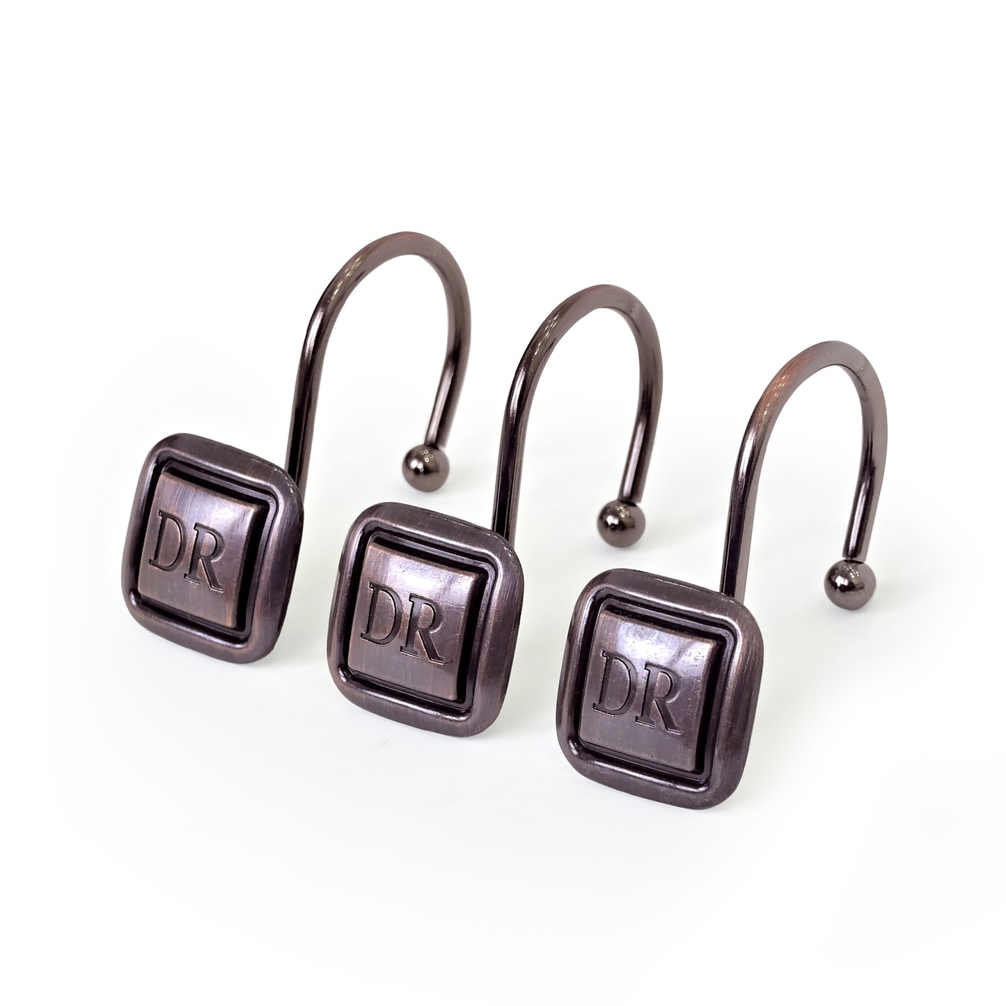 DR Monogram Shower Curtain Hooks, Set of 12, Smooth-Glide Curved Metal Hooks, Heavy-Duty Stainless Steel & Zinc Alloy, Electroplated Finish, Fits Most Standard Shower Rods