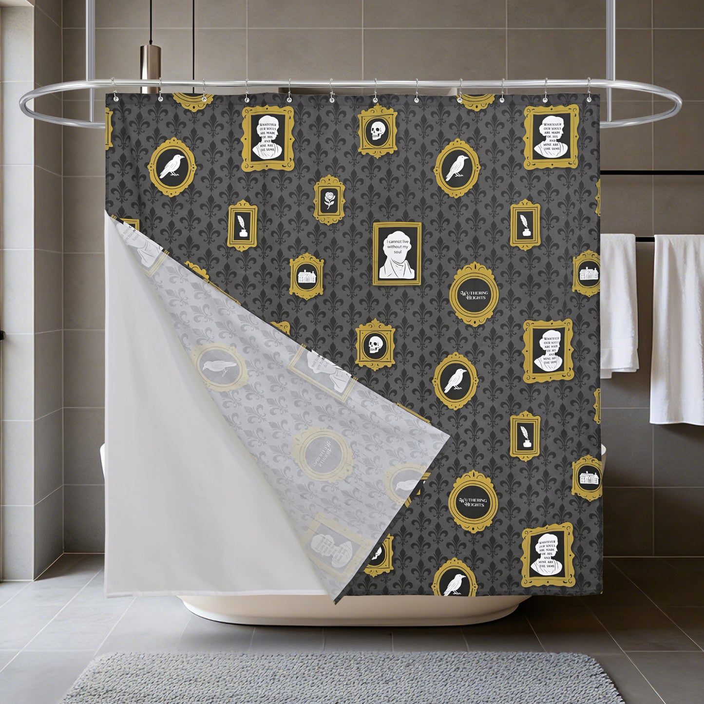“The Tapestry of Torment" Wuthering Height Series Shower Curtain Set with Gold Fleur-de-Lis