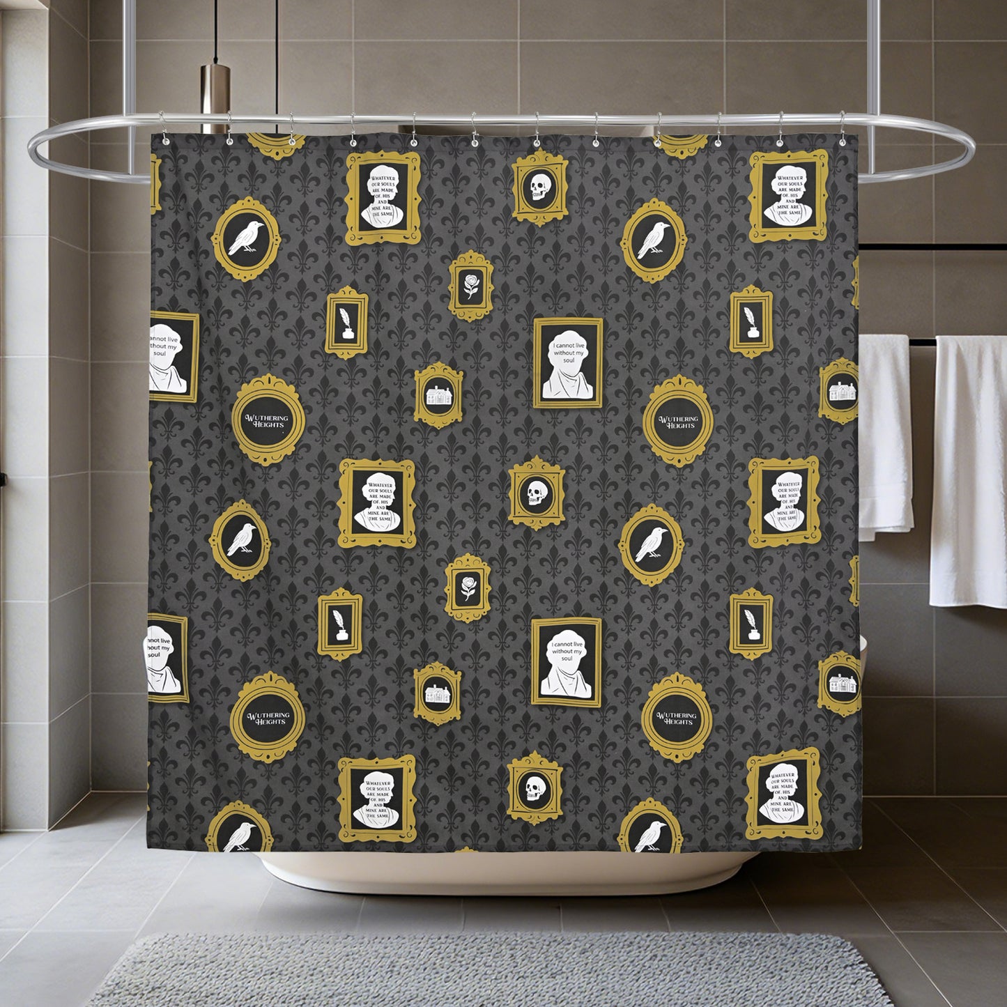 “The Tapestry of Torment" Wuthering Height Series Shower Curtain Set with Gold Fleur-de-Lis