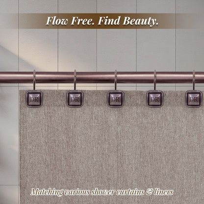 DR Monogram Shower Curtain Hooks, Set of 12, Smooth-Glide Curved Metal Hooks, Heavy-Duty Stainless Steel & Zinc Alloy, Electroplated Finish, Fits Most Standard Shower Rods