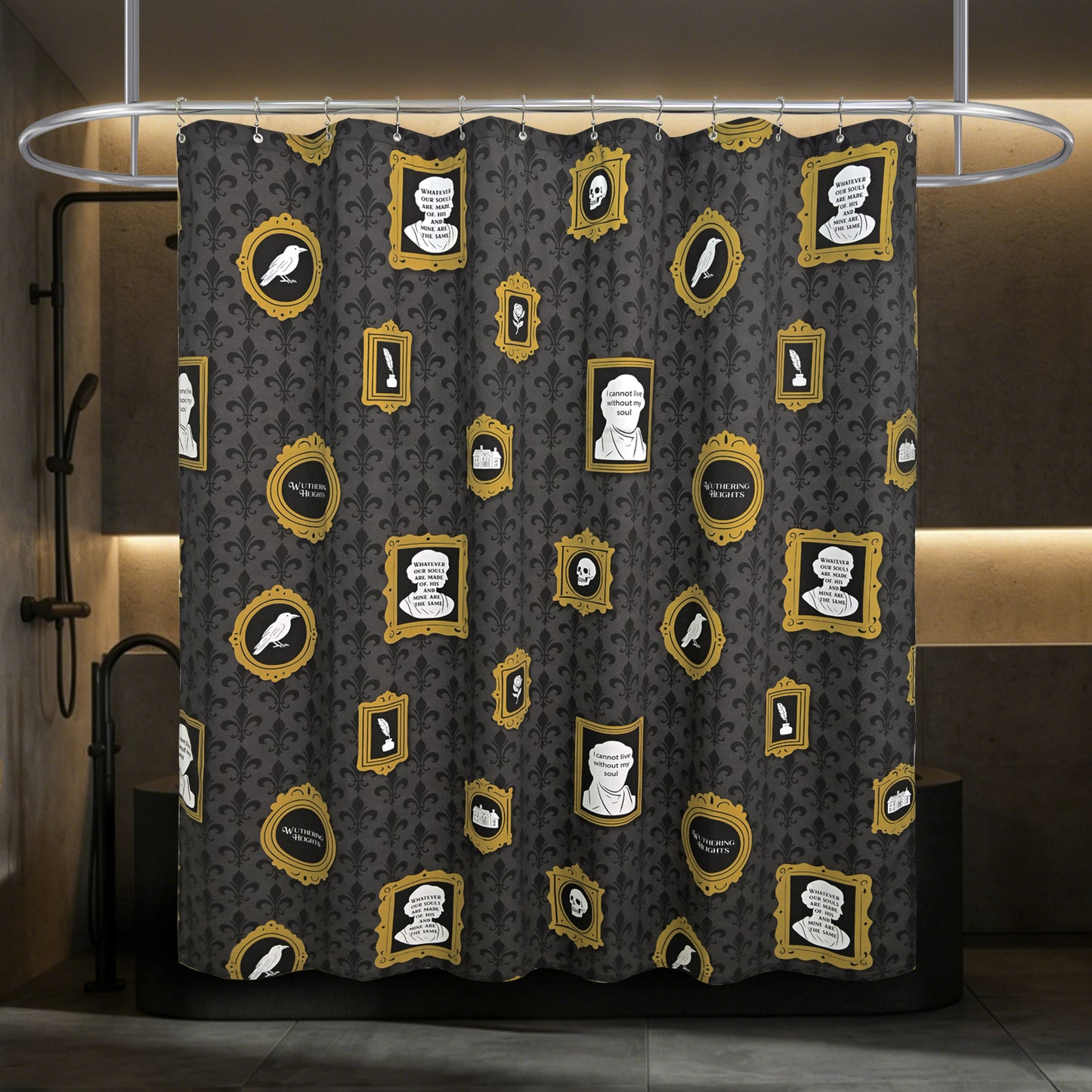 “The Tapestry of Torment" Wuthering Height Series Shower Curtain Set with Gold Fleur-de-Lis