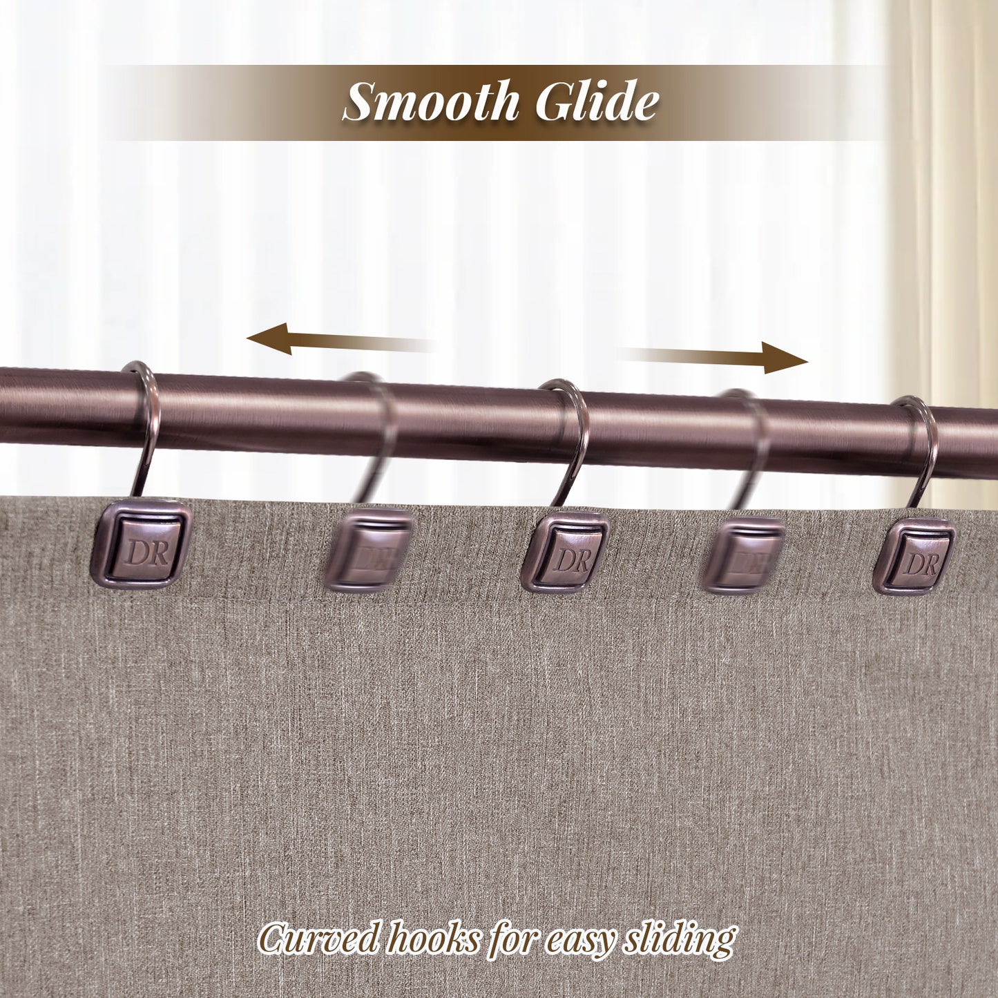 DR Monogram Shower Curtain Hooks, Set of 12, Smooth-Glide Curved Metal Hooks, Heavy-Duty Stainless Steel & Zinc Alloy, Electroplated Finish, Fits Most Standard Shower Rods