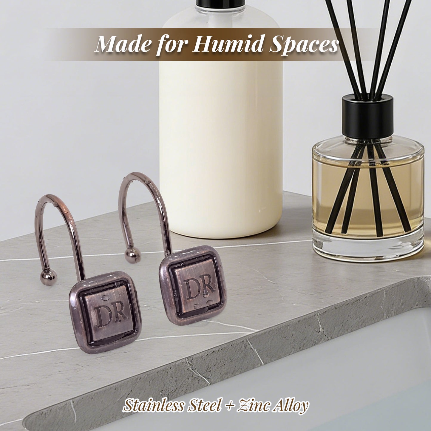 DR Monogram Shower Curtain Hooks, Set of 12, Smooth-Glide Curved Metal Hooks, Heavy-Duty Stainless Steel & Zinc Alloy, Electroplated Finish, Fits Most Standard Shower Rods