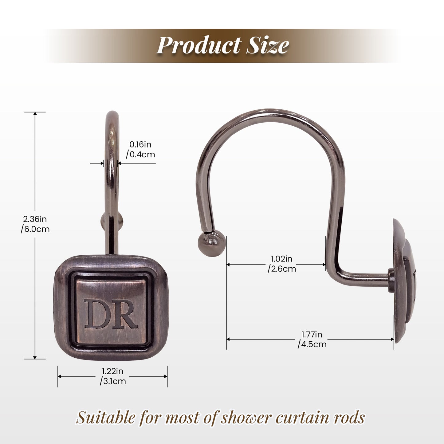 DR Monogram Shower Curtain Hooks, Set of 12, Smooth-Glide Curved Metal Hooks, Heavy-Duty Stainless Steel & Zinc Alloy, Electroplated Finish, Fits Most Standard Shower Rods