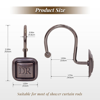DR Monogram Shower Curtain Hooks, Set of 12, Smooth-Glide Curved Metal Hooks, Heavy-Duty Stainless Steel & Zinc Alloy, Electroplated Finish, Fits Most Standard Shower Rods