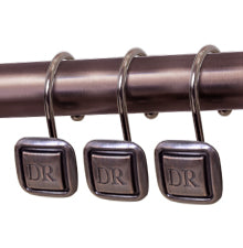 DR Monogram Shower Curtain Hooks, Set of 12, Smooth-Glide Curved Metal Hooks, Heavy-Duty Stainless Steel & Zinc Alloy, Electroplated Finish, Fits Most Standard Shower Rods