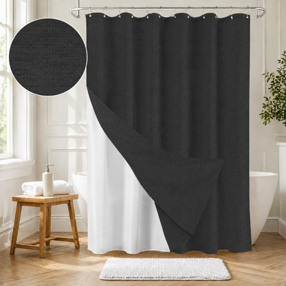 Faux Linen Wrinkleless Shower Curtain Set with Liner (Black)
