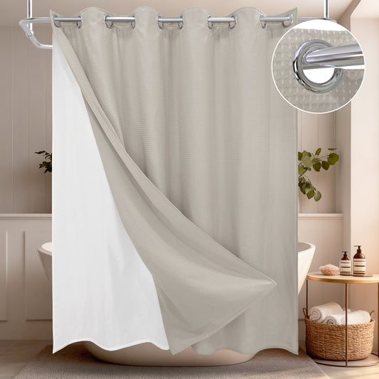 Clean Slate Series No Hook Shower Curtain (Khaki)