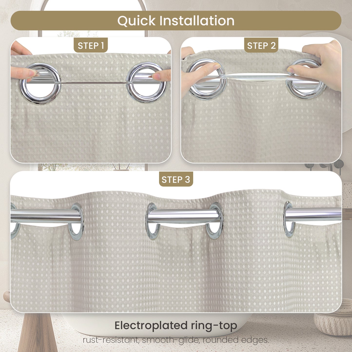 Clean Slate Series No Hook Shower Curtain (Khaki)