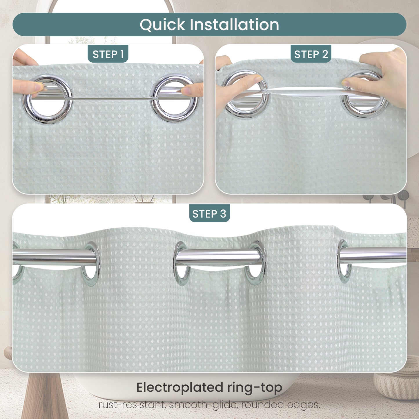 Clean Slate Series No Hook Shower Curtain (Gray-Green)