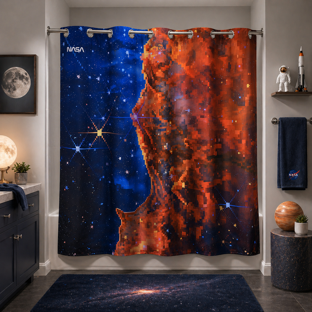 “Cosmic Mosaic" NASA Series Shower Curtain Set (Pixel Style）