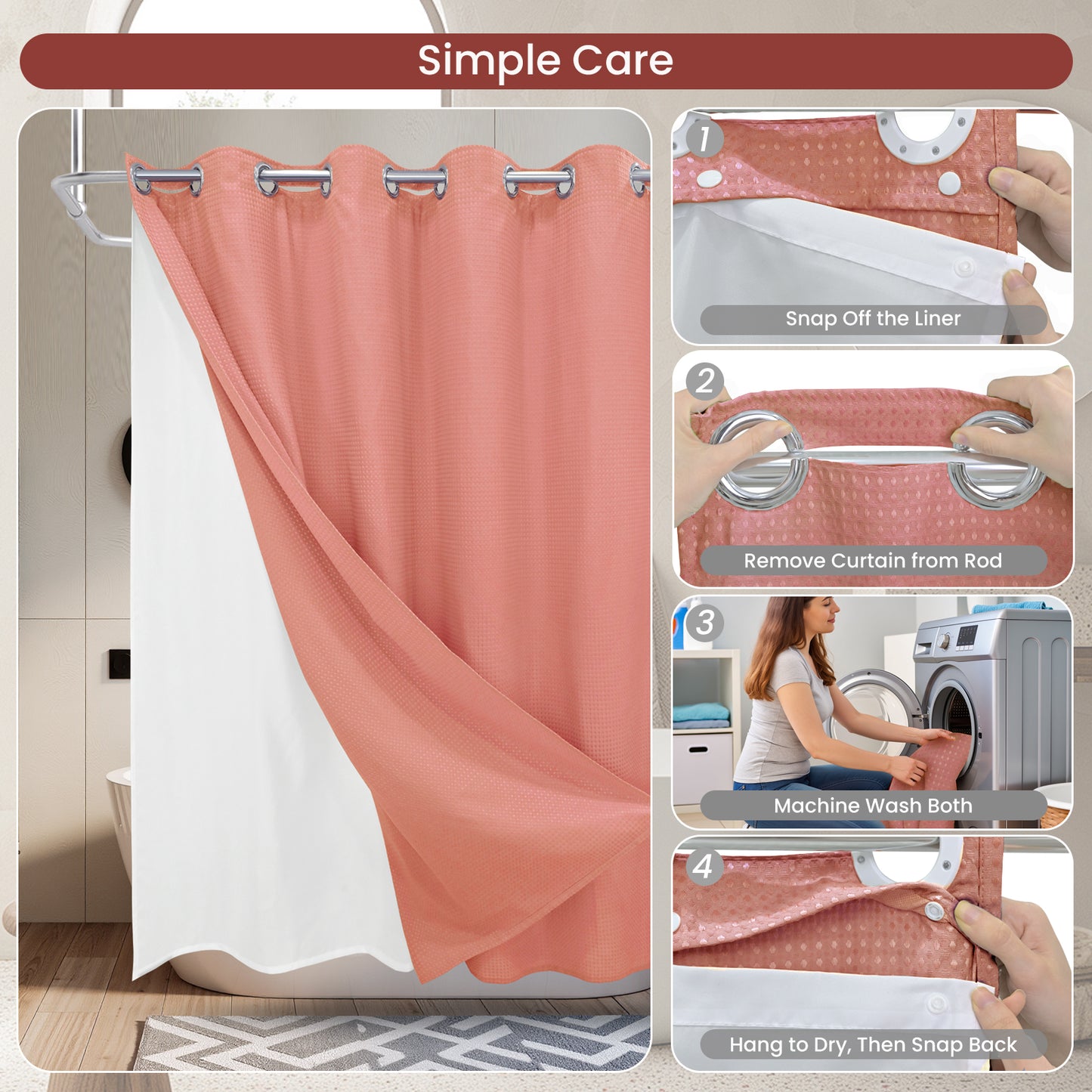 Clean Slate Series No Hook Shower Curtain (Clay Red)