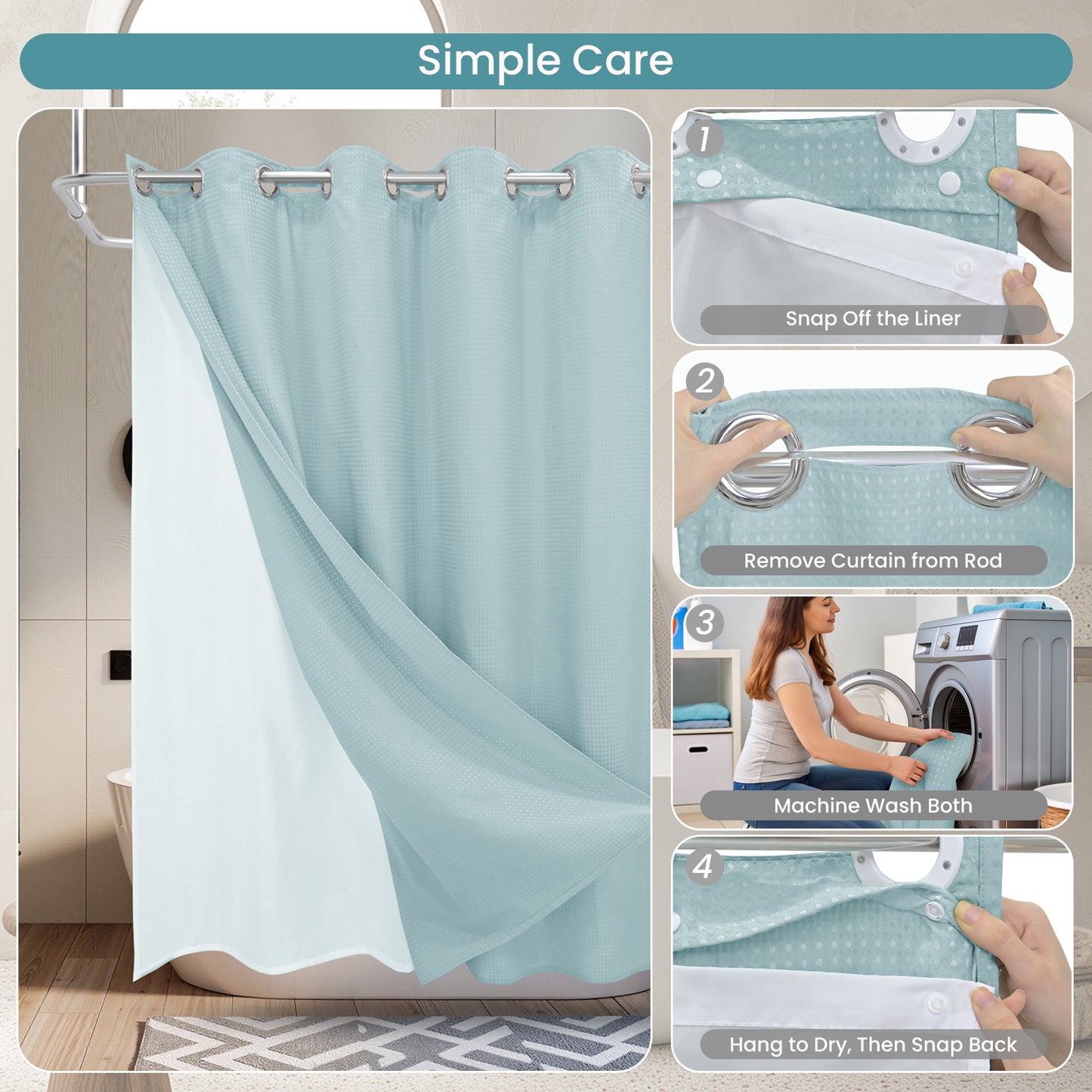 Clean Slate Series No Hook Shower Curtain (Pale Blue)