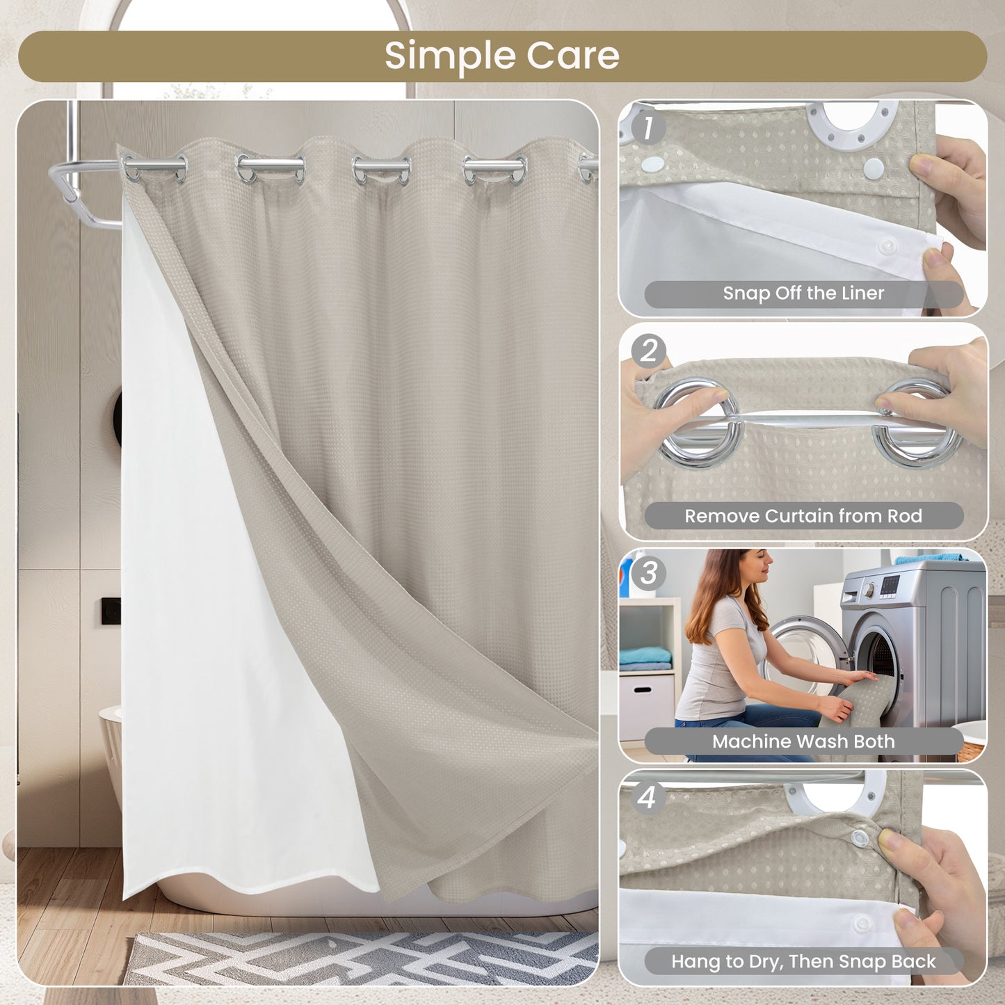 Clean Slate Series No Hook Shower Curtain (Khaki)
