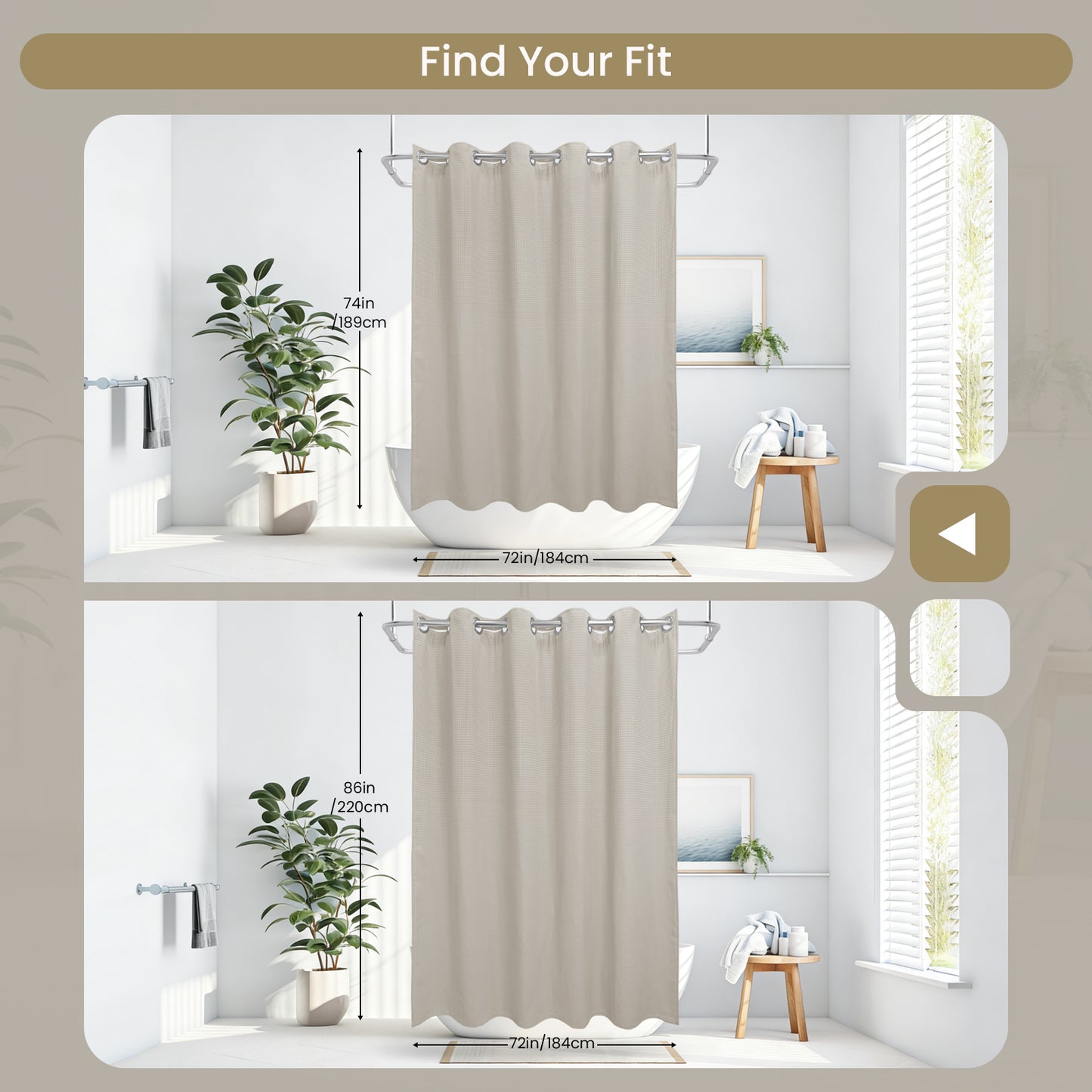 Clean Slate Series No Hook Shower Curtain (Khaki)