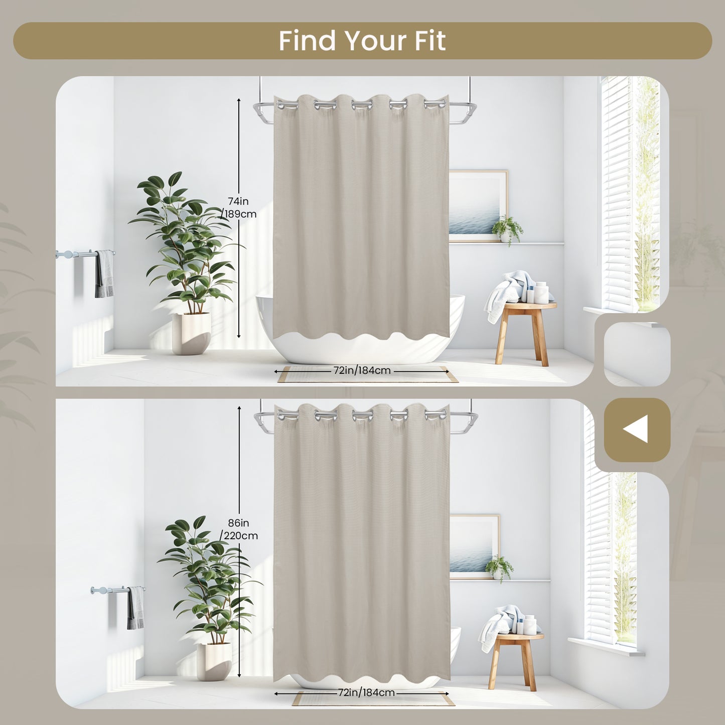 Clean Slate Series No Hook Shower Curtain (Khaki)