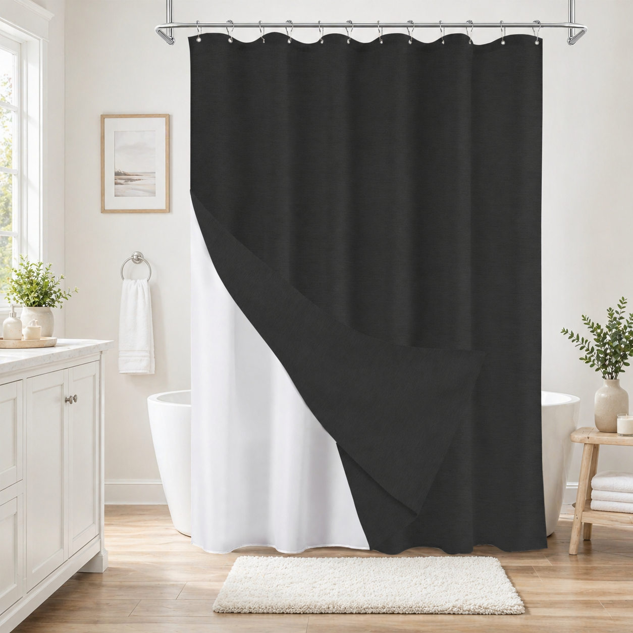 Faux Linen Wrinkleless Shower Curtain Set with Liner (Black)