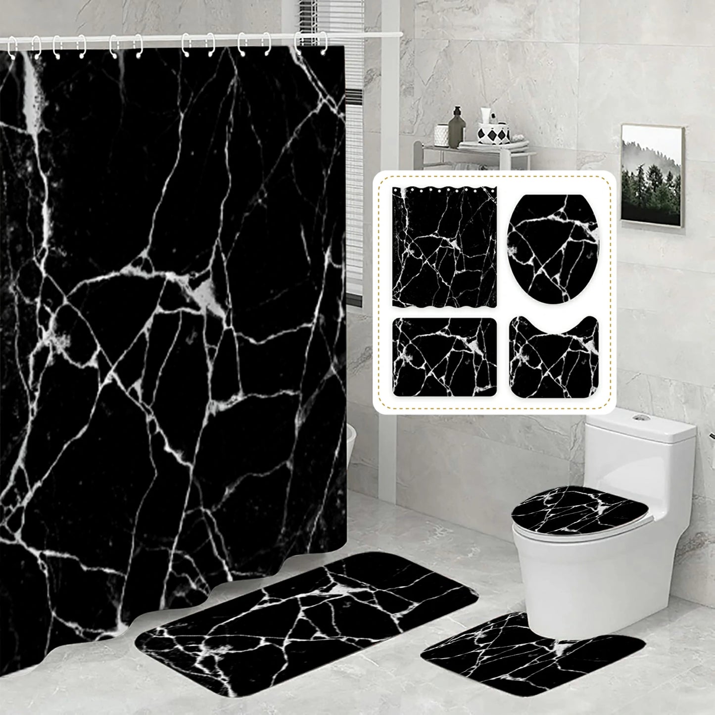 Marble Pattern Shower Curtain Set