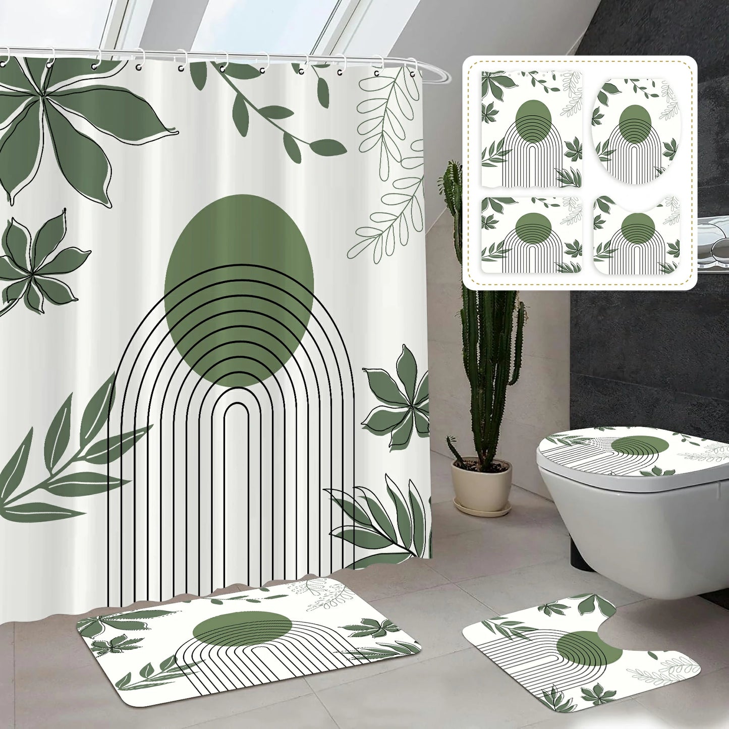 Leaves & Geometry Bathroom Shower Curtain Set