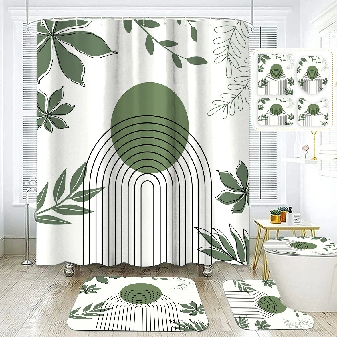 Leaves & Geometry Bathroom Shower Curtain Set
