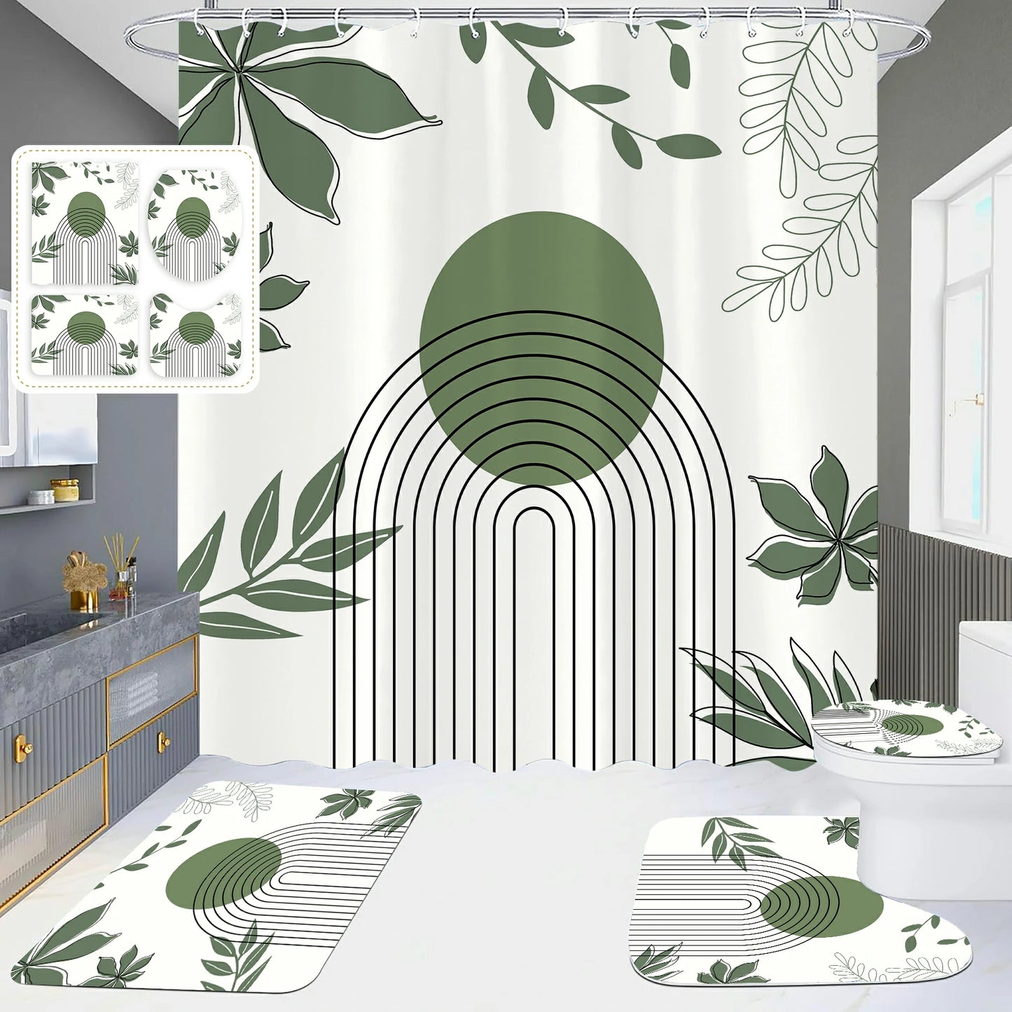 Leaves & Geometry Bathroom Shower Curtain Set