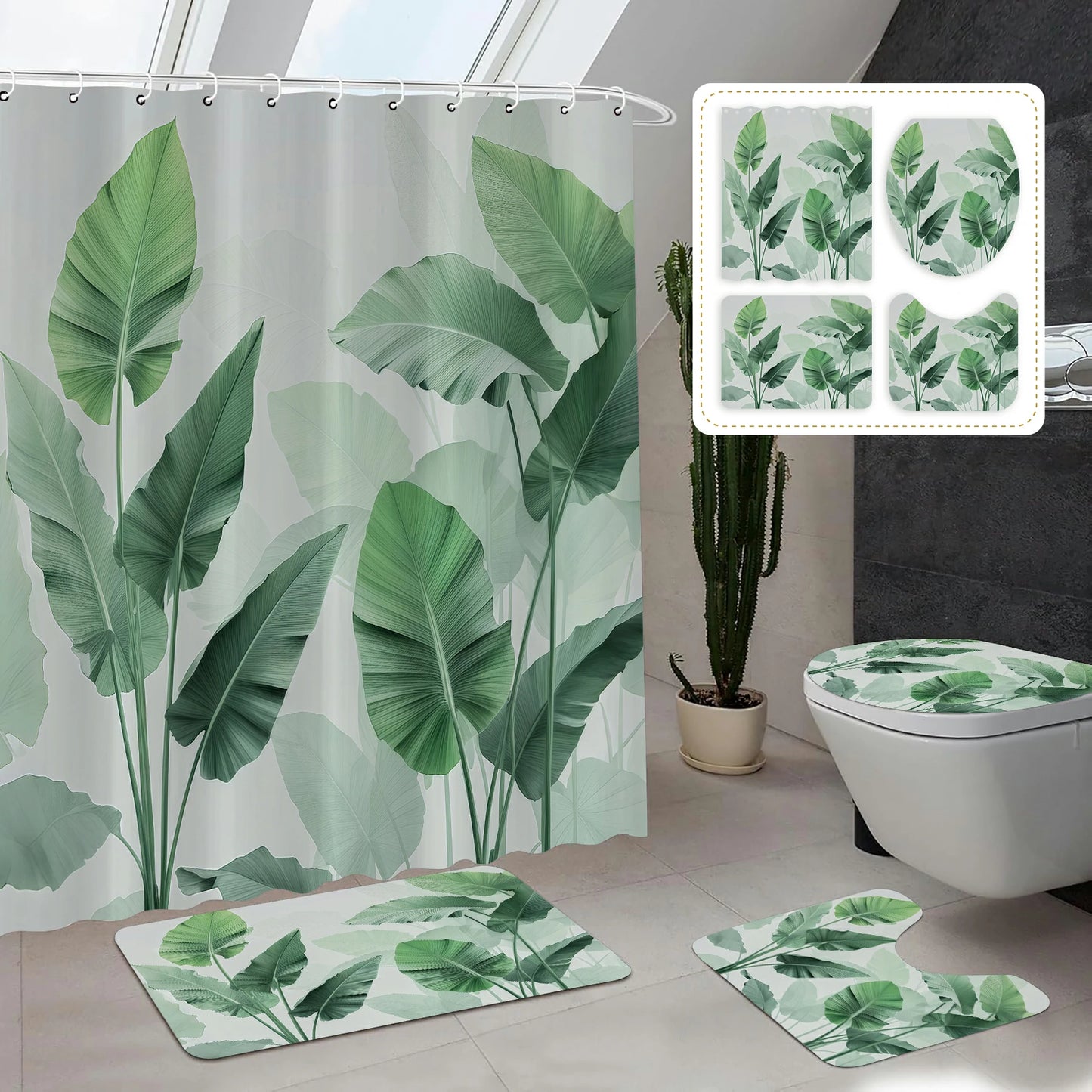 Plantain Leaves Bathroom Shower Curtain Set