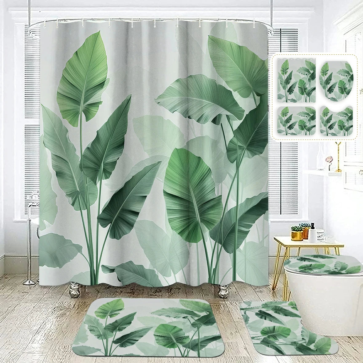 Plantain Leaves Bathroom Shower Curtain Set