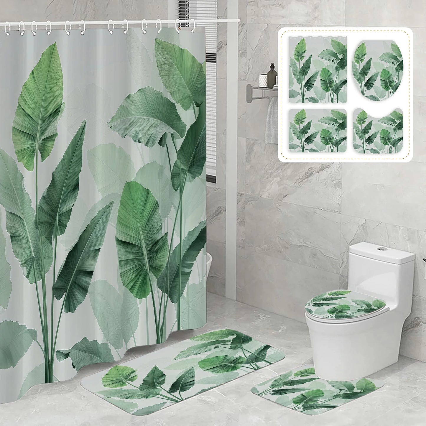 Plantain Leaves Bathroom Shower Curtain Set