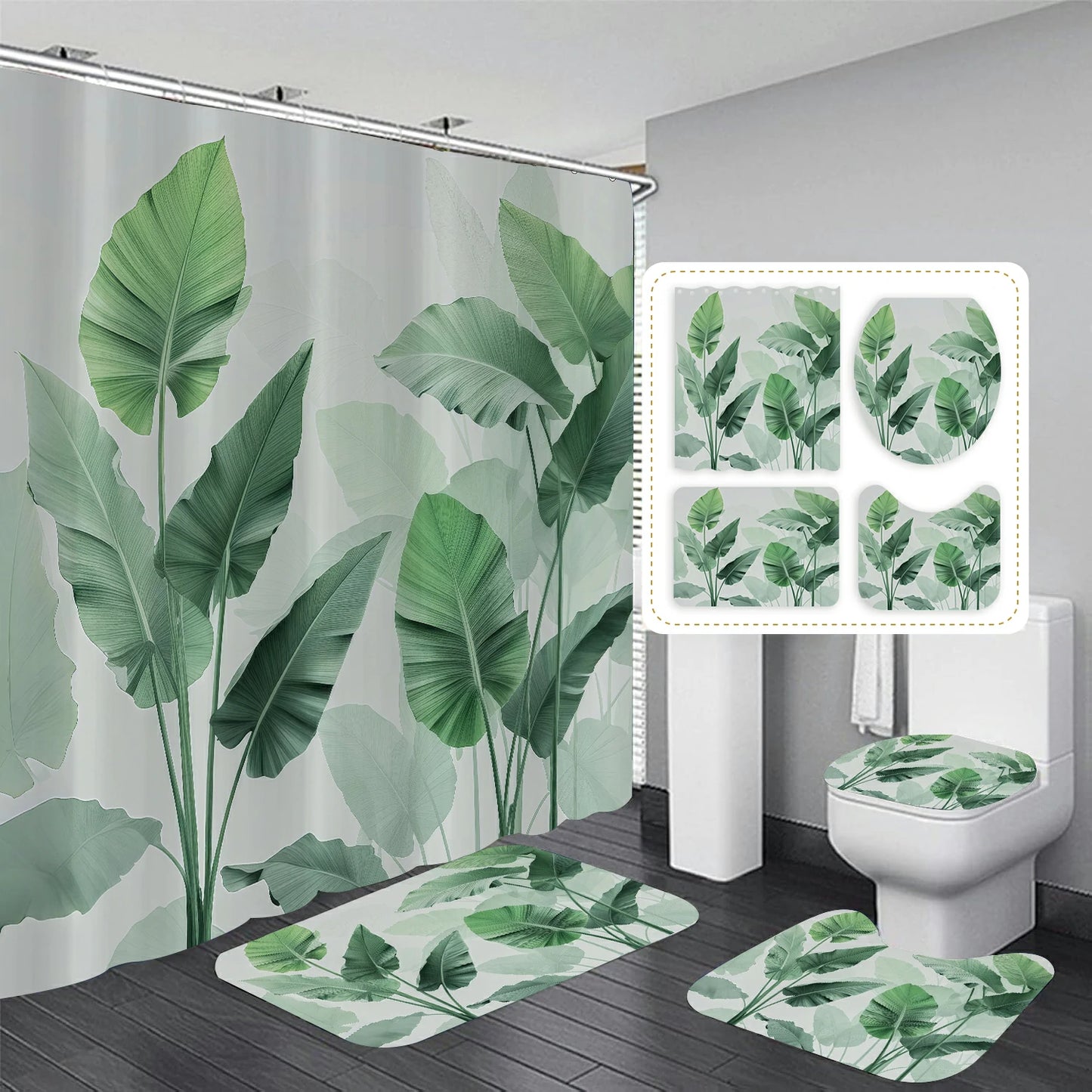 Plantain Leaves Bathroom Shower Curtain Set