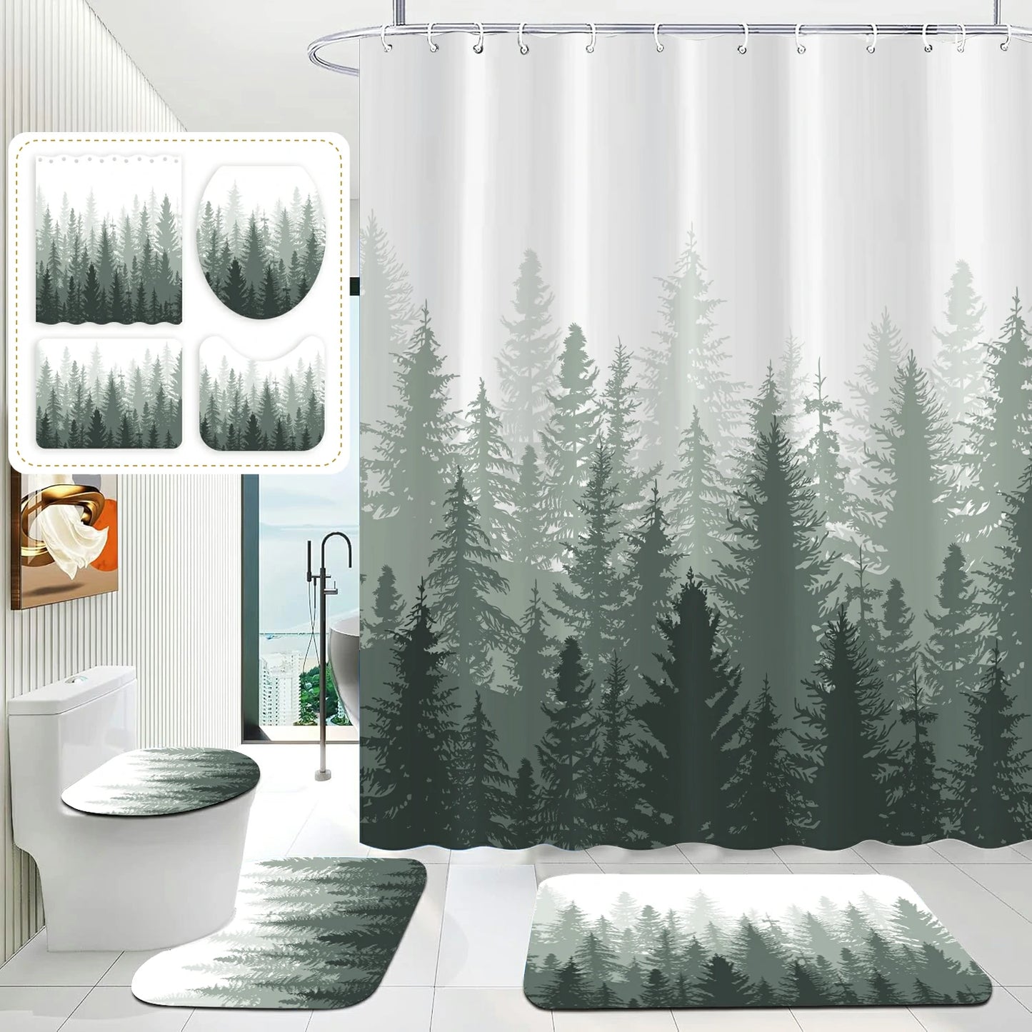 Rustic Mist Forest Farmhouse Shower Curtain Set