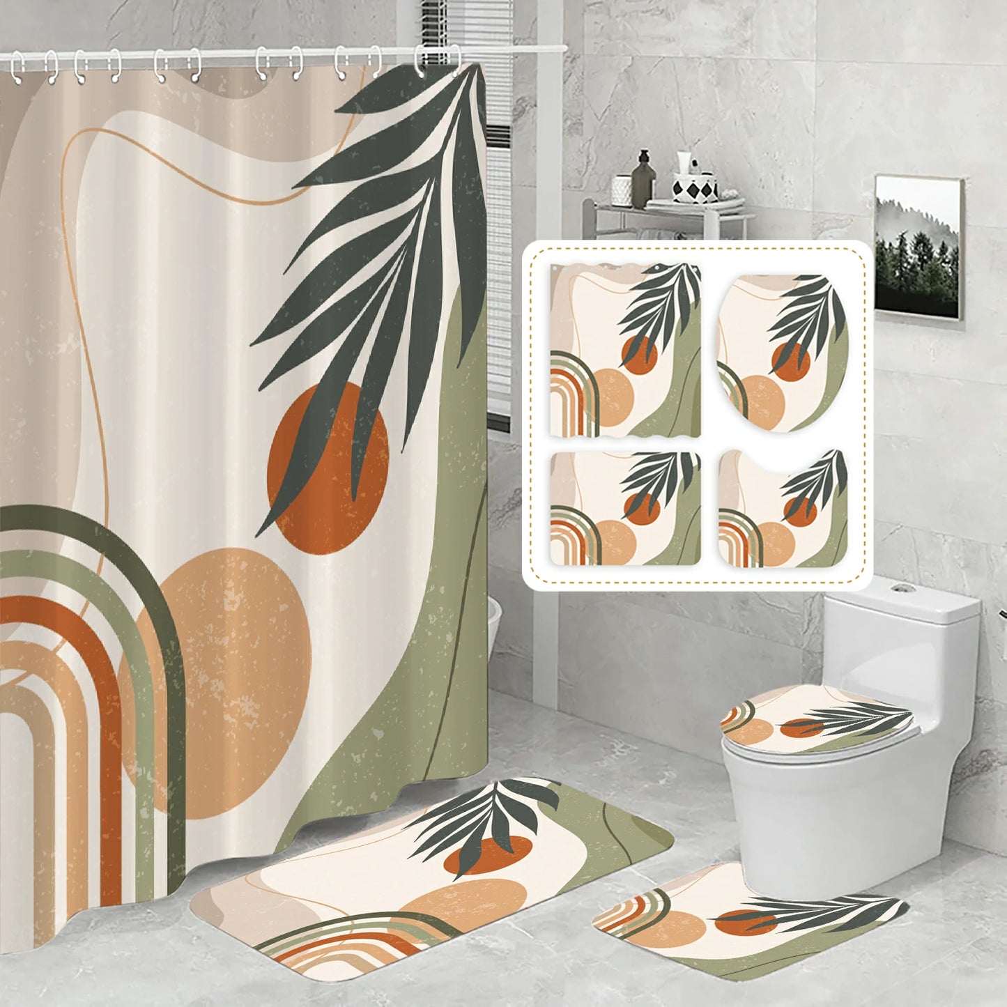 Rustic Leaves & Geometry Farmhouse Shower Curtain Set