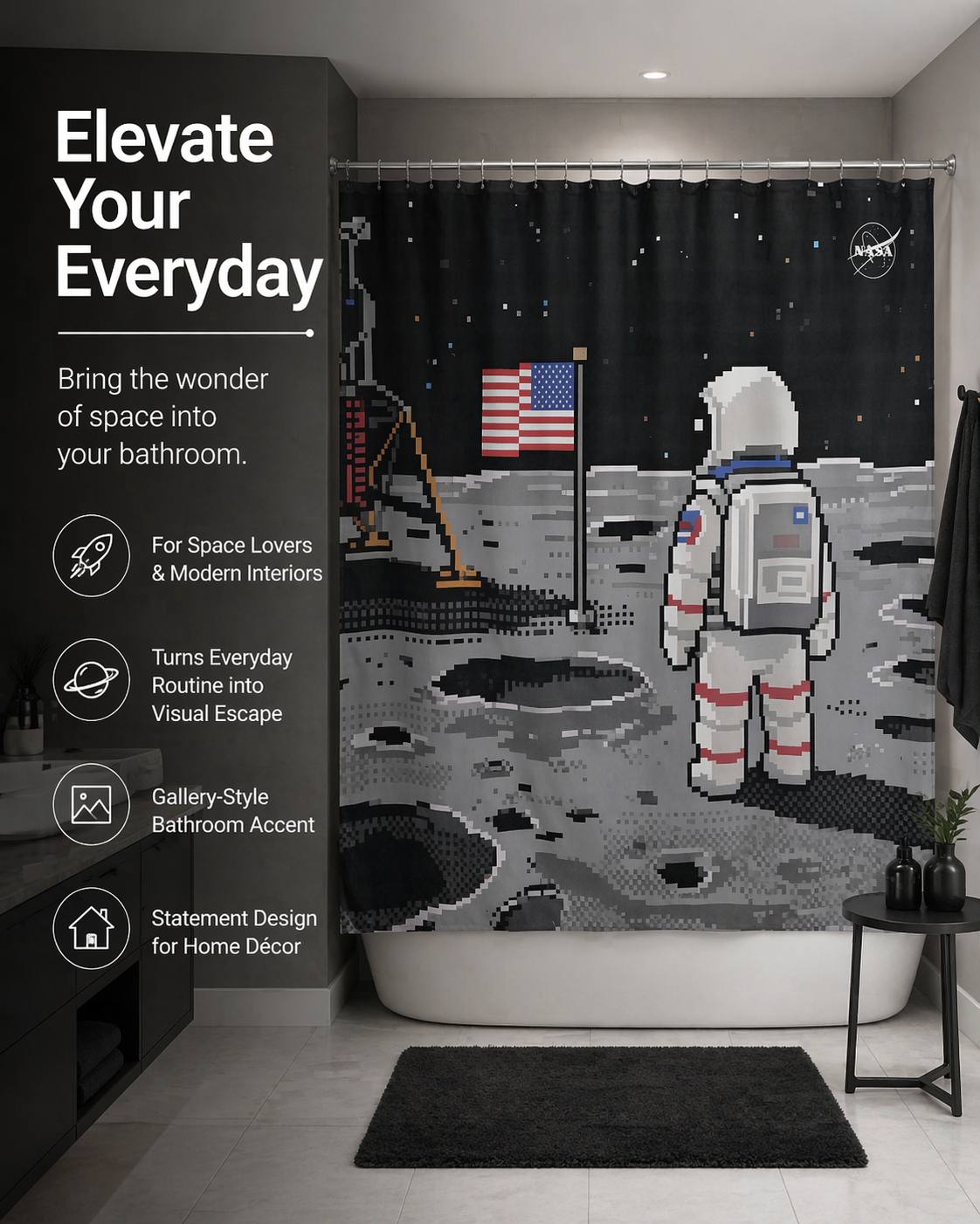 “Eight-Bit Moonwalk" NASA Series Shower Curtain Set