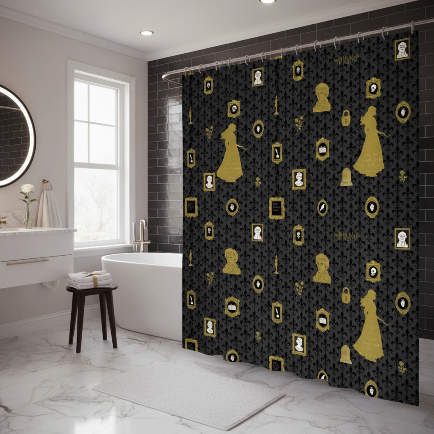 “The Tapestry of Torment" Wuthering Height Series Shower Curtain Set with Gold Fleur-de-Lis
