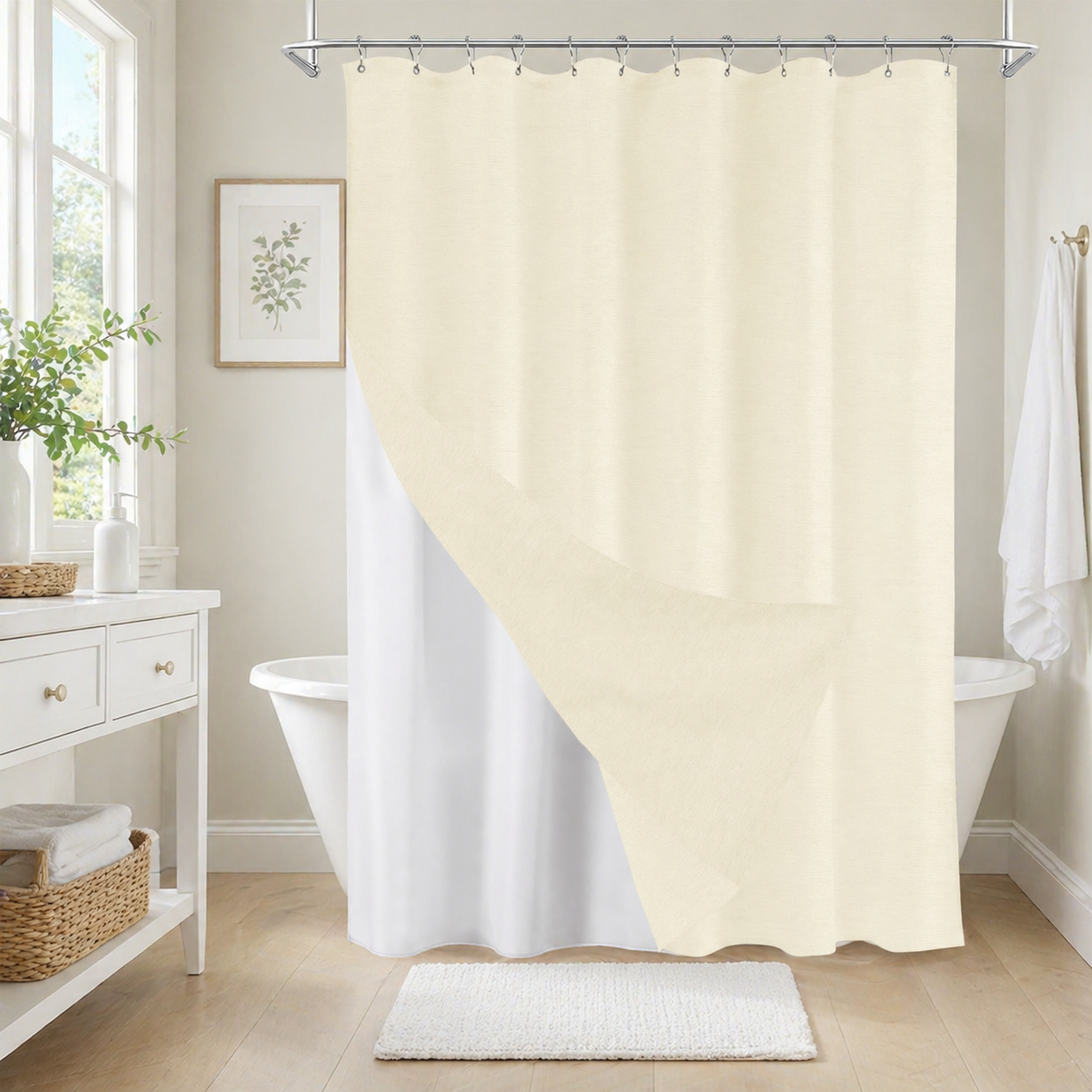 Faux Linen Wrinkleless Shower Curtain Set with Liner (Ivory)