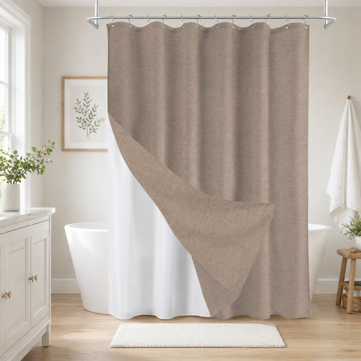 Faux Linen Wrinkleless Shower Curtain Set with Liner (Beige)